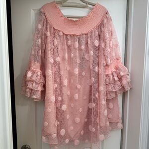 Gracia Pink Polka Dot Mesh Ruffle Sleeve Dress Size L